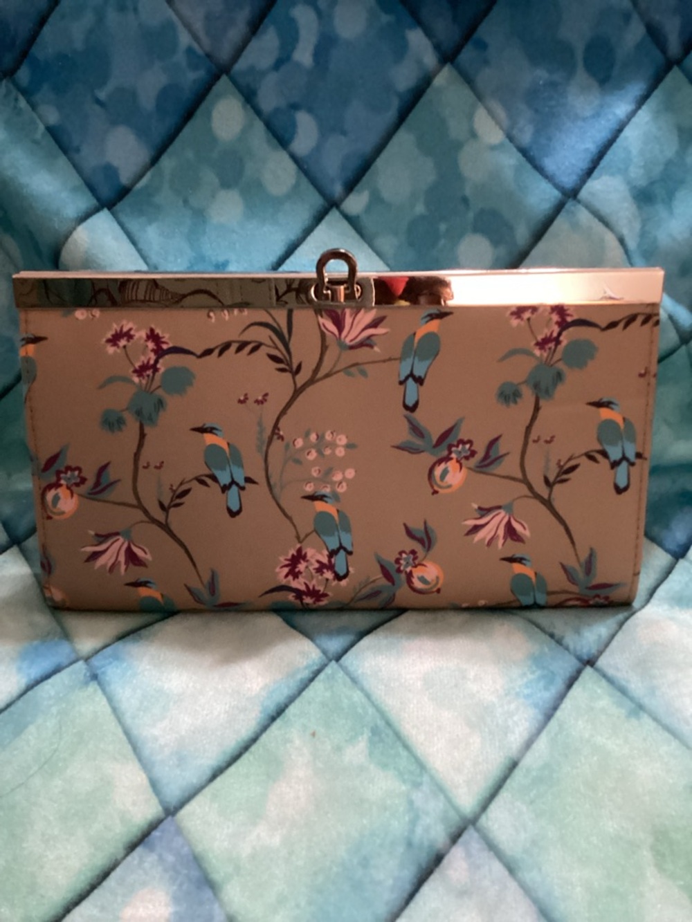Buxton Beige Clutch with Blue Floral & Bird Motif